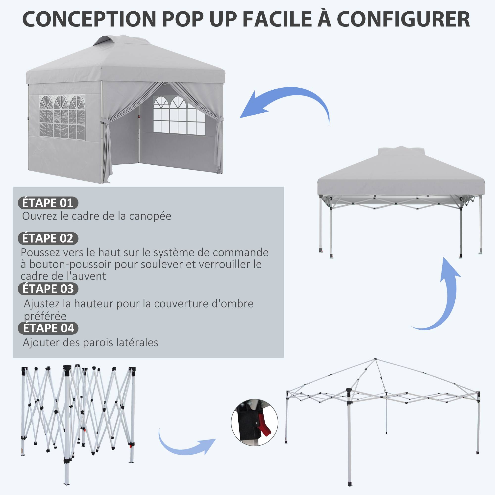 ComfortXL - Tonnelle Pliante Pop-Up Tissu Oxford Événements Extérieurs Hauteur Réglable 3x3m Gris Clair - ComfortXL Outdoor Living - Image 6
