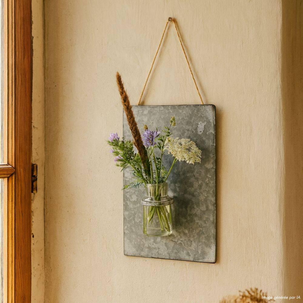 Plaque murale soliflore vase mural zinc verre gris 36.5x24.5cm Chemin de campagne - Image 2