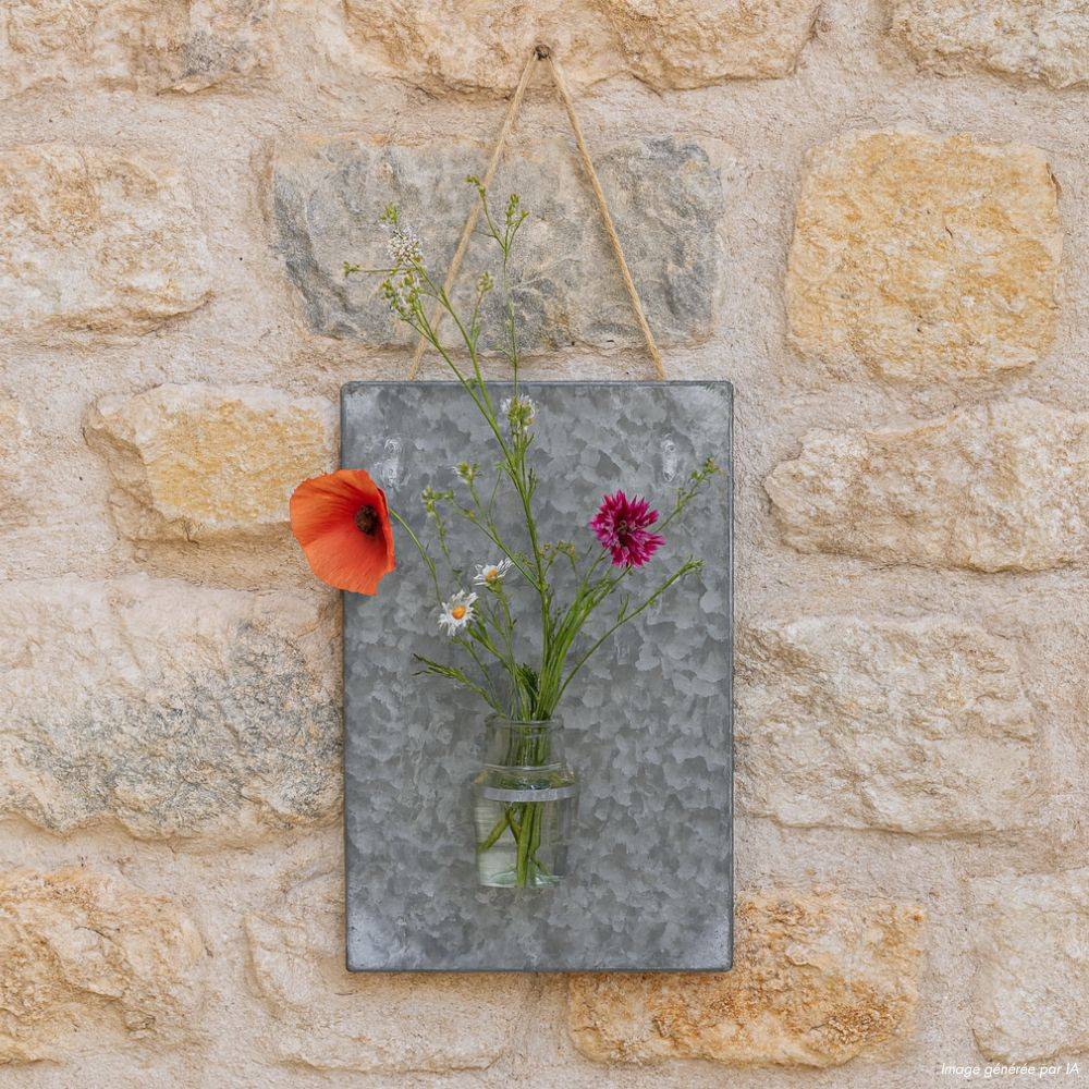 Plaque murale soliflore vase mural zinc verre gris 36.5x24.5cm Chemin de campagne - Image 3