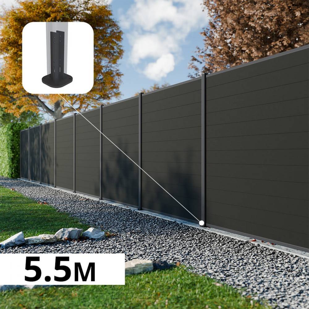 Decklinea - Kit Clôture Composite RIO Anthracite 5,5x1,8m - Bois composite & Aluminium - Poteaux sur Platines Gris - Brise vue - Palissade - Image 1