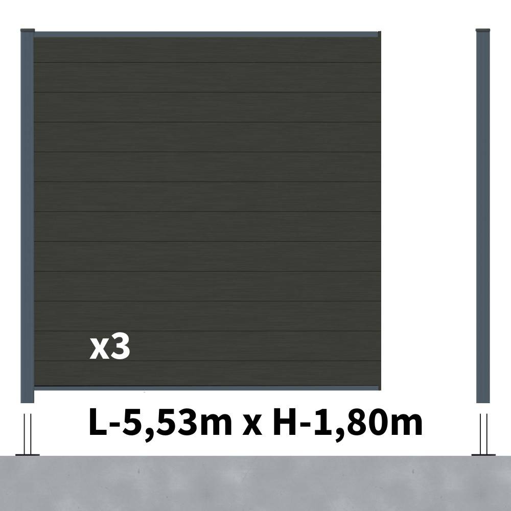 Decklinea - Kit Clôture Composite RIO Anthracite 5,5x1,8m - Bois composite & Aluminium - Poteaux sur Platines Gris - Brise vue - Palissade - Image 2