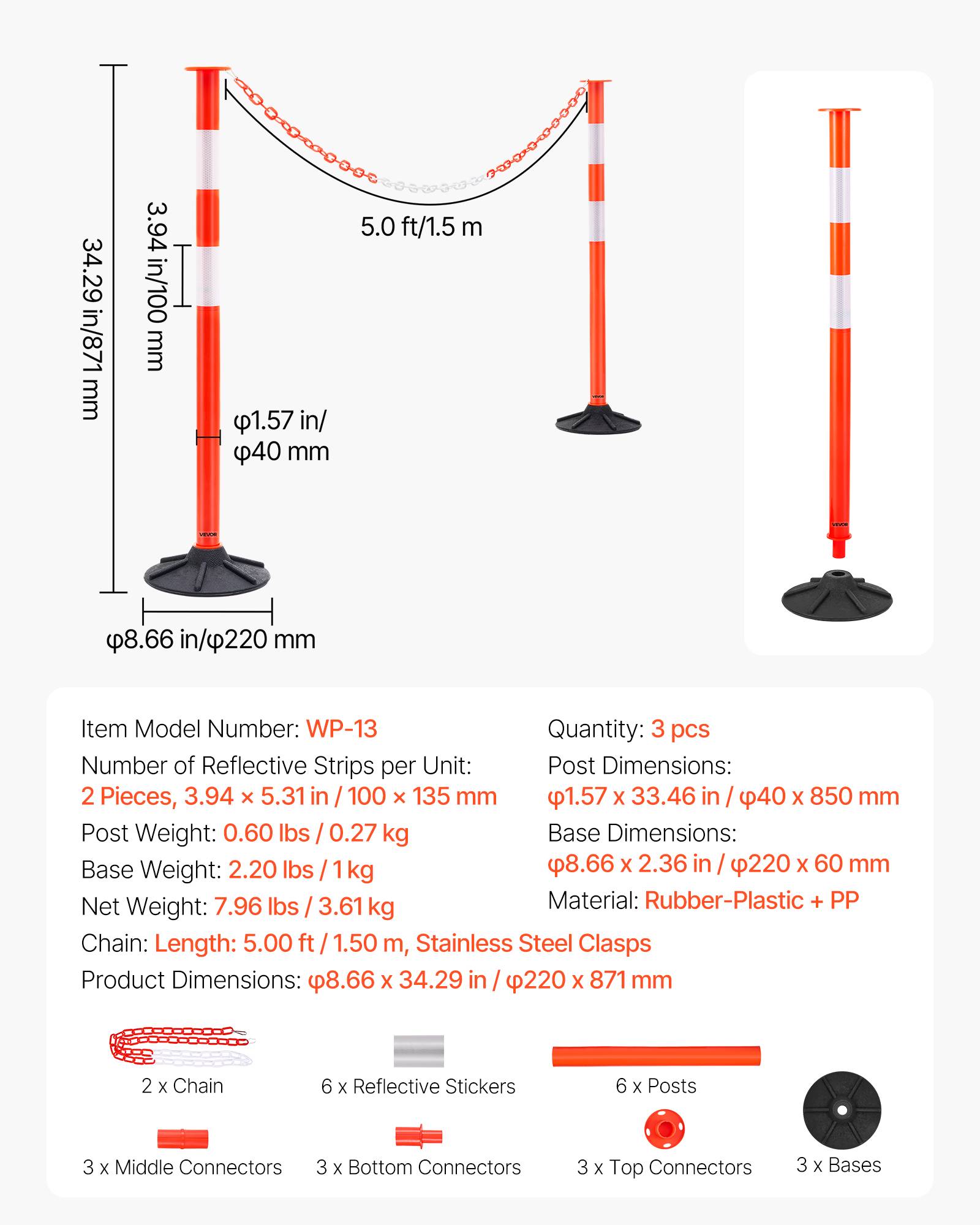 VEVOR Poteau de Signalisation Balise de Délimitation 3PCs 87,1 cm Base Lestée - Image 7