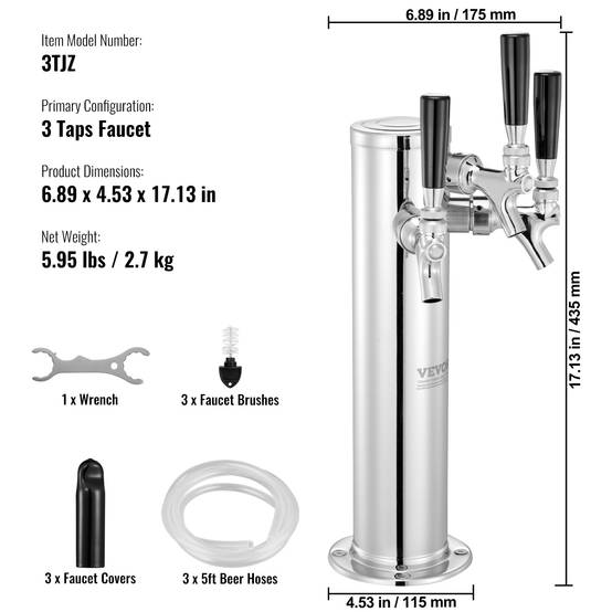 VEVOR Kit colonne bière pression trois robinets, inox, tubes pré-assemblés. Bar. - Image 7