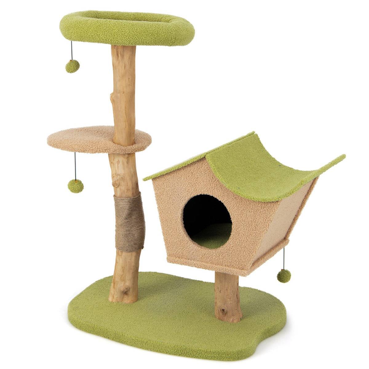 Helloshop26 - Arbre à chat de 110 cm tour à chat en bois perchoir supérieur rembourré condo pour chatcentre d'activité pour chat balles pendantes vert - Imagen 1