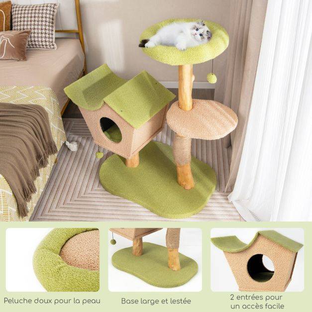 Helloshop26 - Arbre à chat de 110 cm tour à chat en bois perchoir supérieur rembourré condo pour chatcentre d'activité pour chat balles pendantes vert - Imagen 2