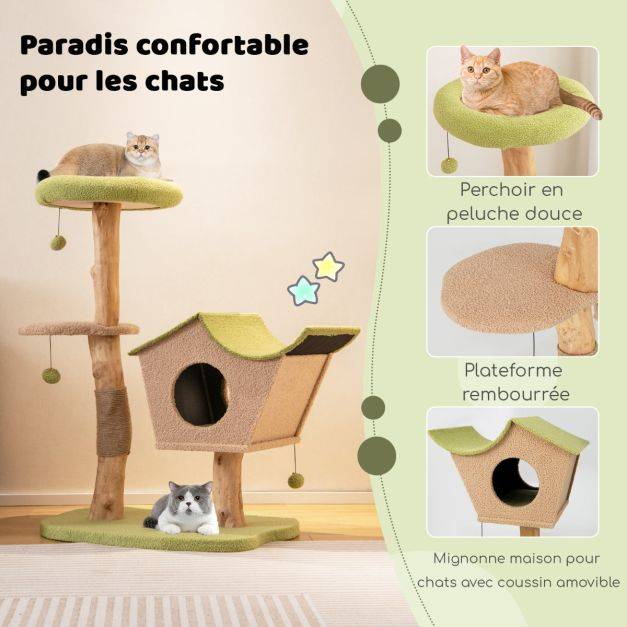 Helloshop26 - Arbre à chat de 110 cm tour à chat en bois perchoir supérieur rembourré condo pour chatcentre d'activité pour chat balles pendantes vert - Imagen 3