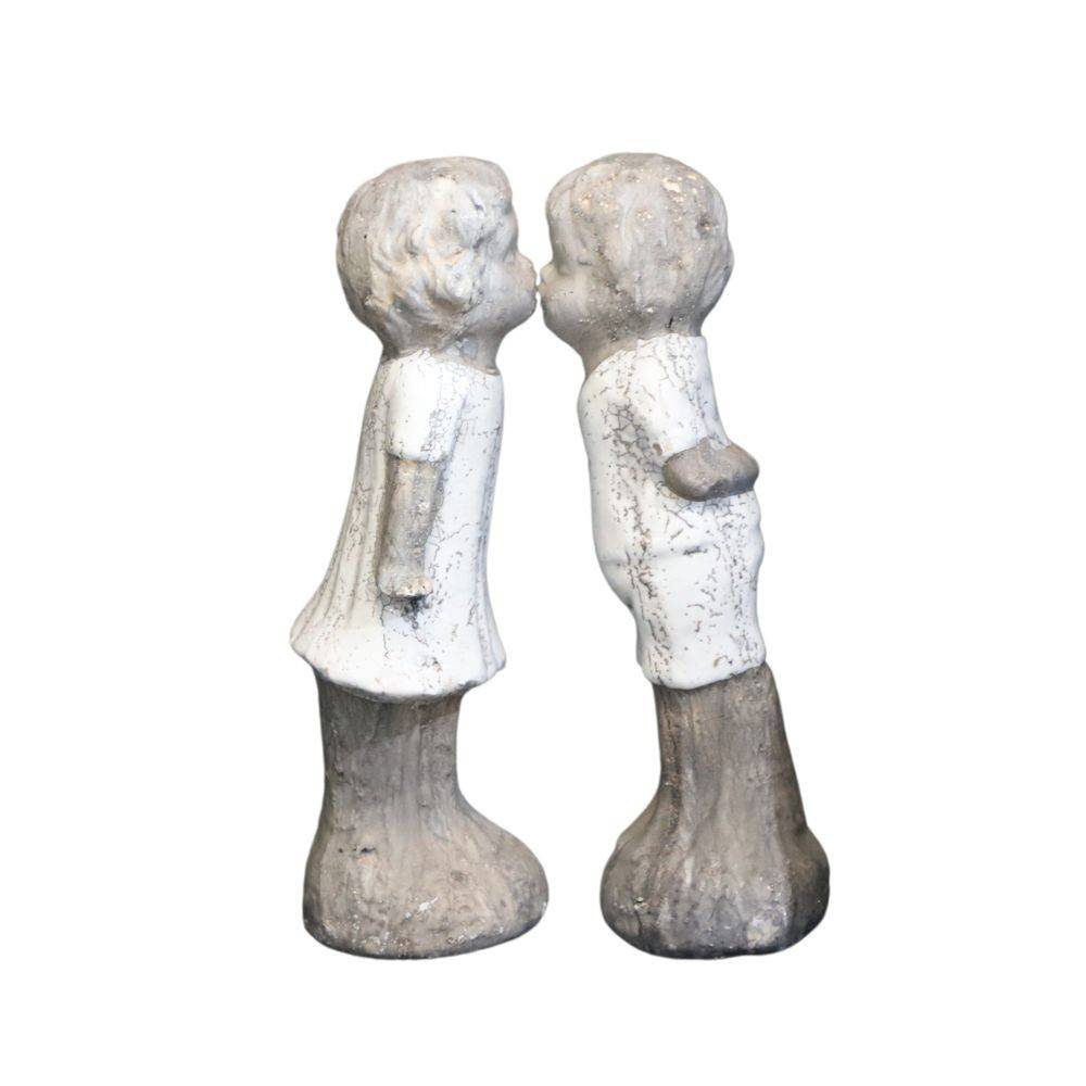 ~ Statue statuette sculpture jardin couple ciment émaillé blanc 30cm Chemin de campagne