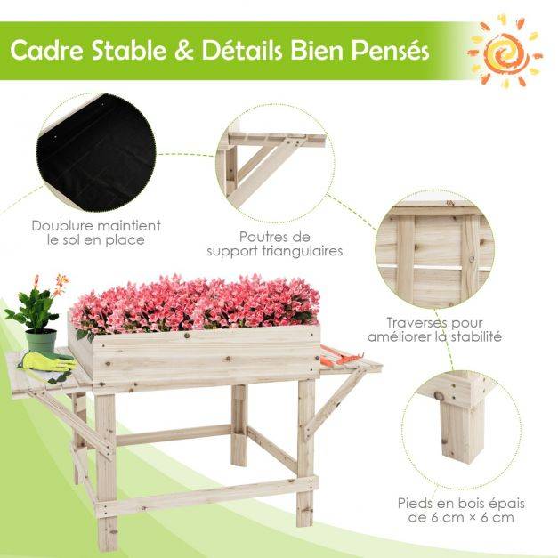 Helloshop26 - Jardinière sur pieds en bois avec tablettes latérales trous de drainage et doublure idéal pour légumes fleurs herbres - Imagen 2