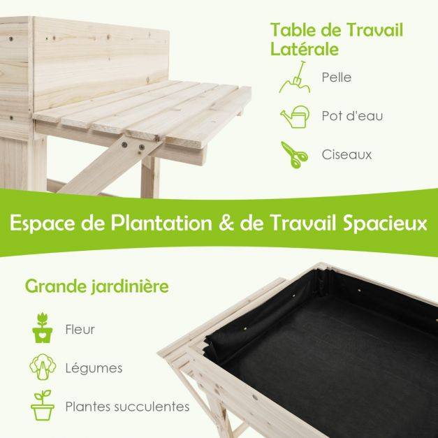 Helloshop26 - Jardinière sur pieds en bois avec tablettes latérales trous de drainage et doublure idéal pour légumes fleurs herbres - Imagen 4