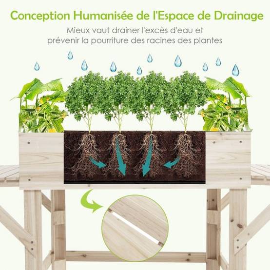 Helloshop26 - Jardinière sur pieds en bois avec tablettes latérales trous de drainage et doublure idéal pour légumes fleurs herbres - Imagen 3