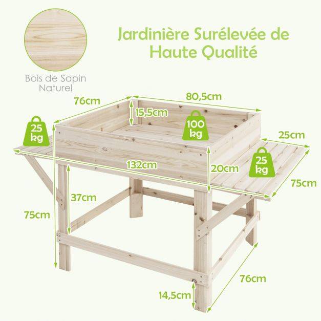 Helloshop26 - Jardinière sur pieds en bois avec tablettes latérales trous de drainage et doublure idéal pour légumes fleurs herbres - Imagen 5