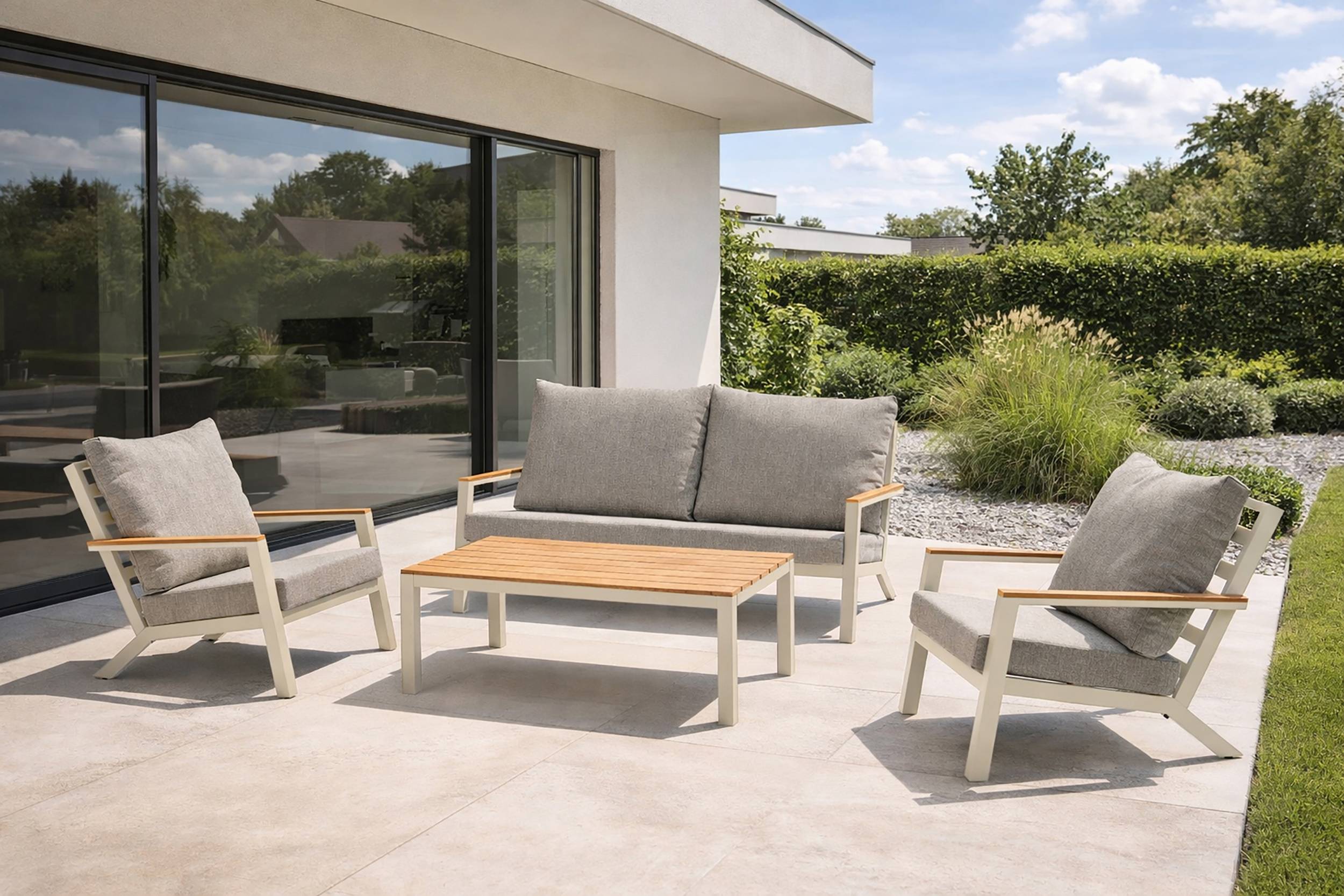 Dcb Garden - Salon de jardin 5 pl en alu et plateau composite - Grège - KOMMOS