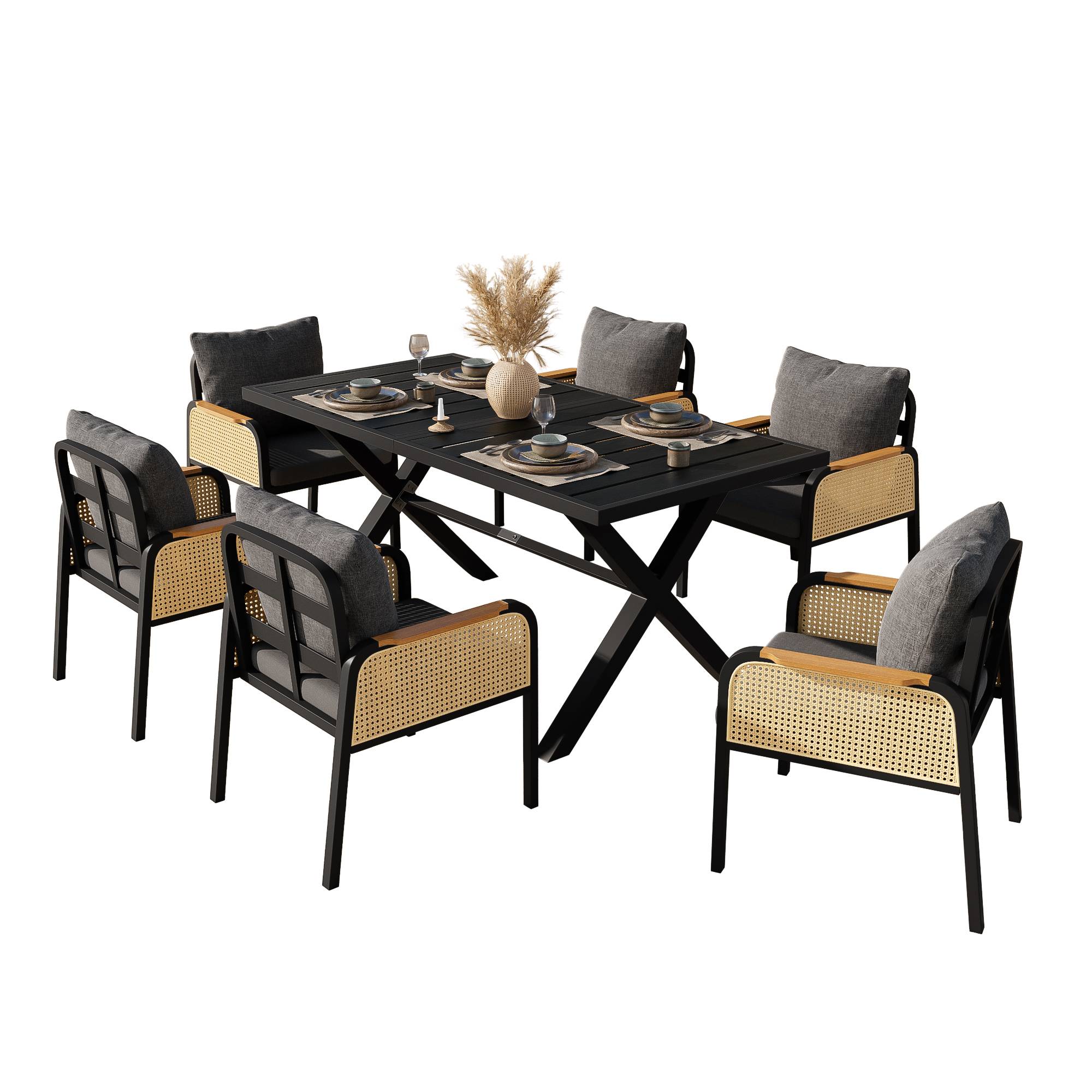 Ensemble Table et Chaise de Jardin avec Table et 6 Chaises Polyester Noir Naturel
