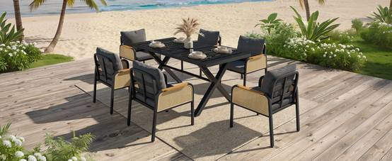 Ensemble Table et Chaise de Jardin avec Table et 6 Chaises Polyester Noir Naturel - Image 10