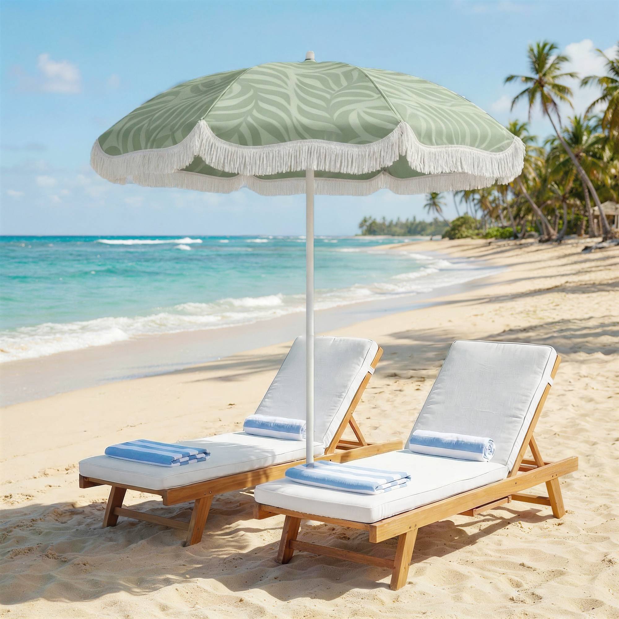 Parasol plage franges Ø180 cm, hauteur ajustable, inclinaison, ancrage sable, sac transport, UPF30+ vert - Image 3