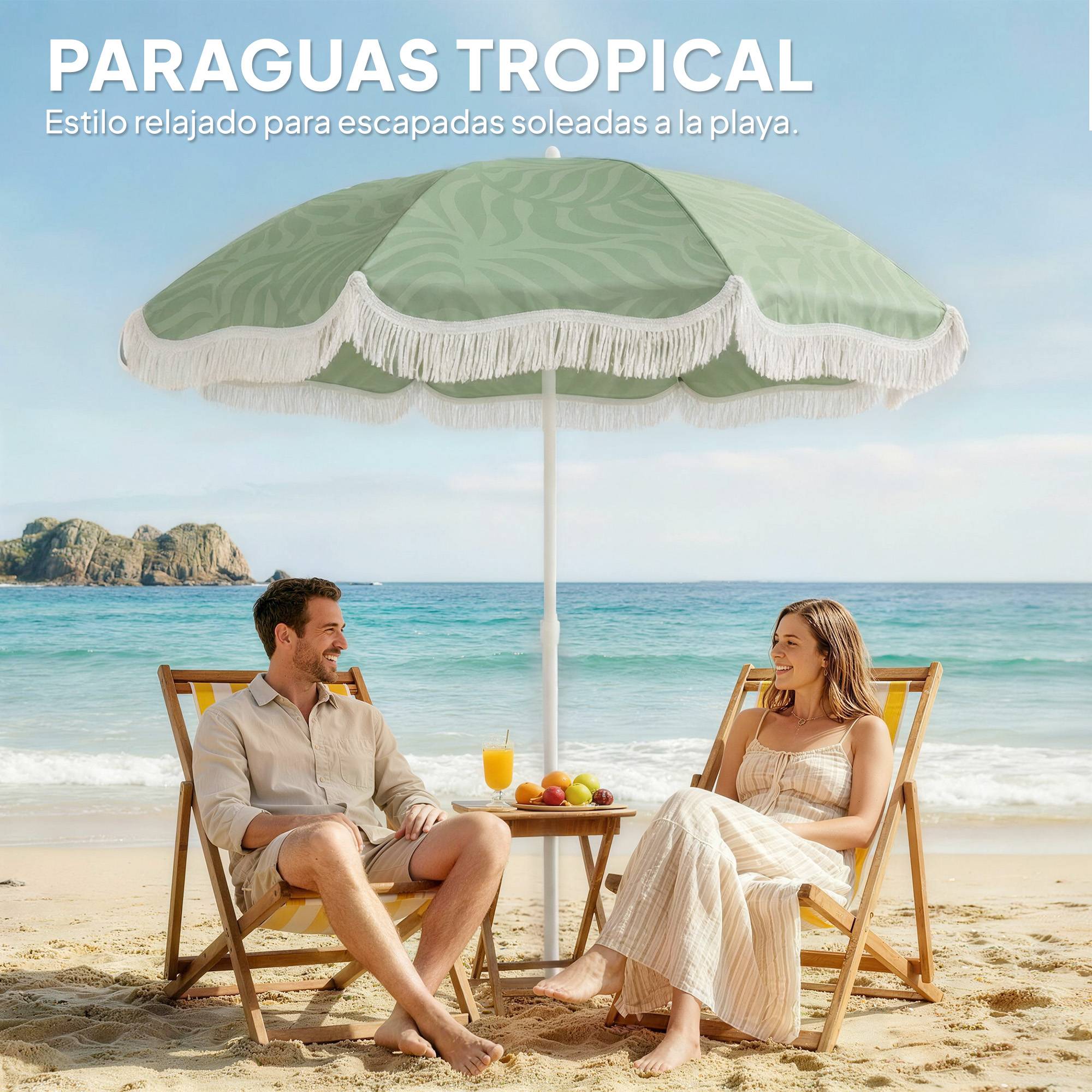 Parasol plage franges Ø180 cm, hauteur ajustable, inclinaison, ancrage sable, sac transport, UPF30+ vert - Image 6