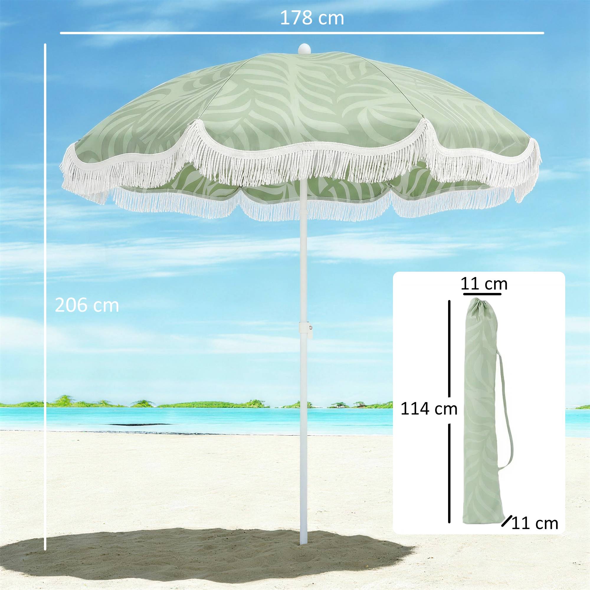 Parasol plage franges Ø180 cm, hauteur ajustable, inclinaison, ancrage sable, sac transport, UPF30+ vert - Image 5