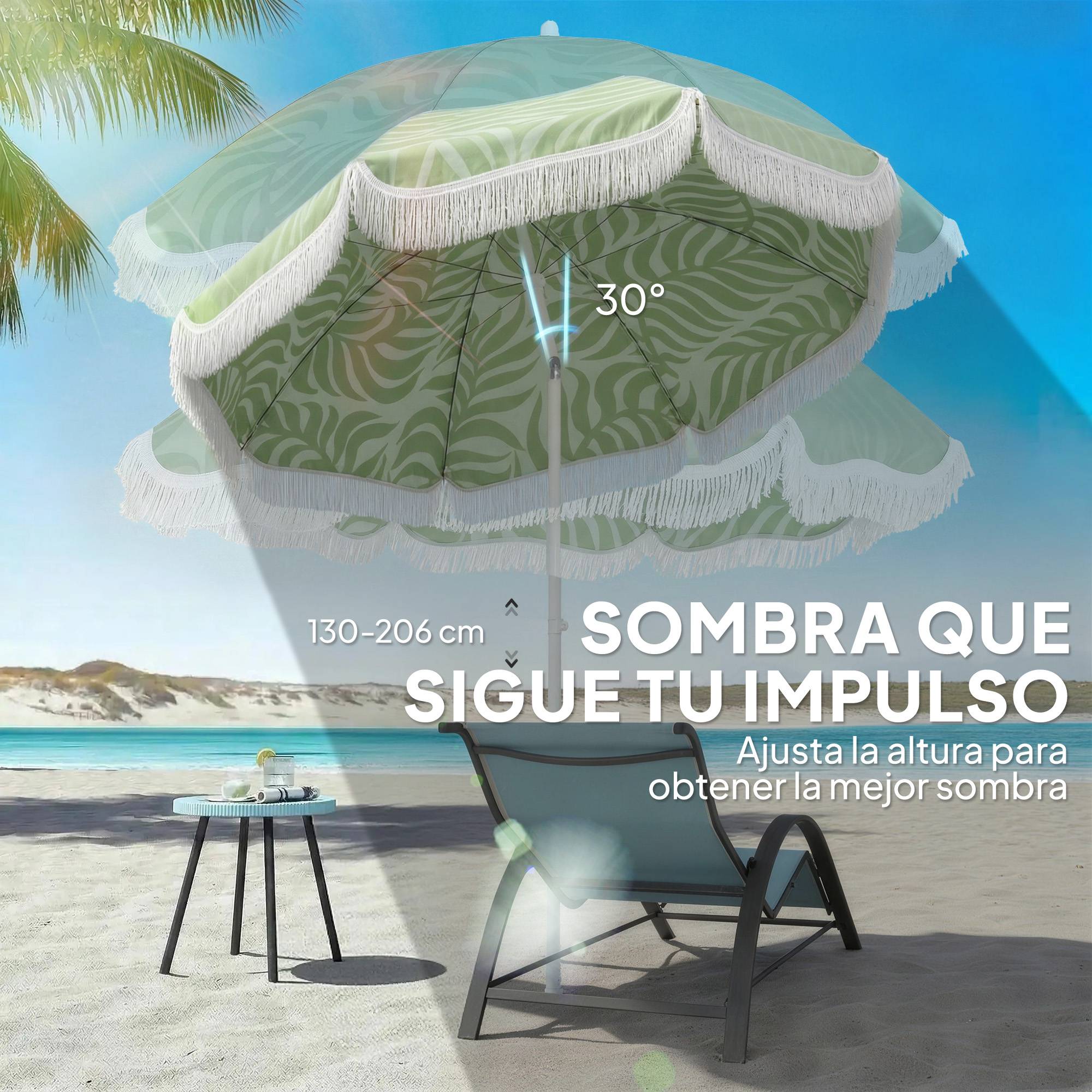 Parasol plage franges Ø180 cm, hauteur ajustable, inclinaison, ancrage sable, sac transport, UPF30+ vert - Image 7