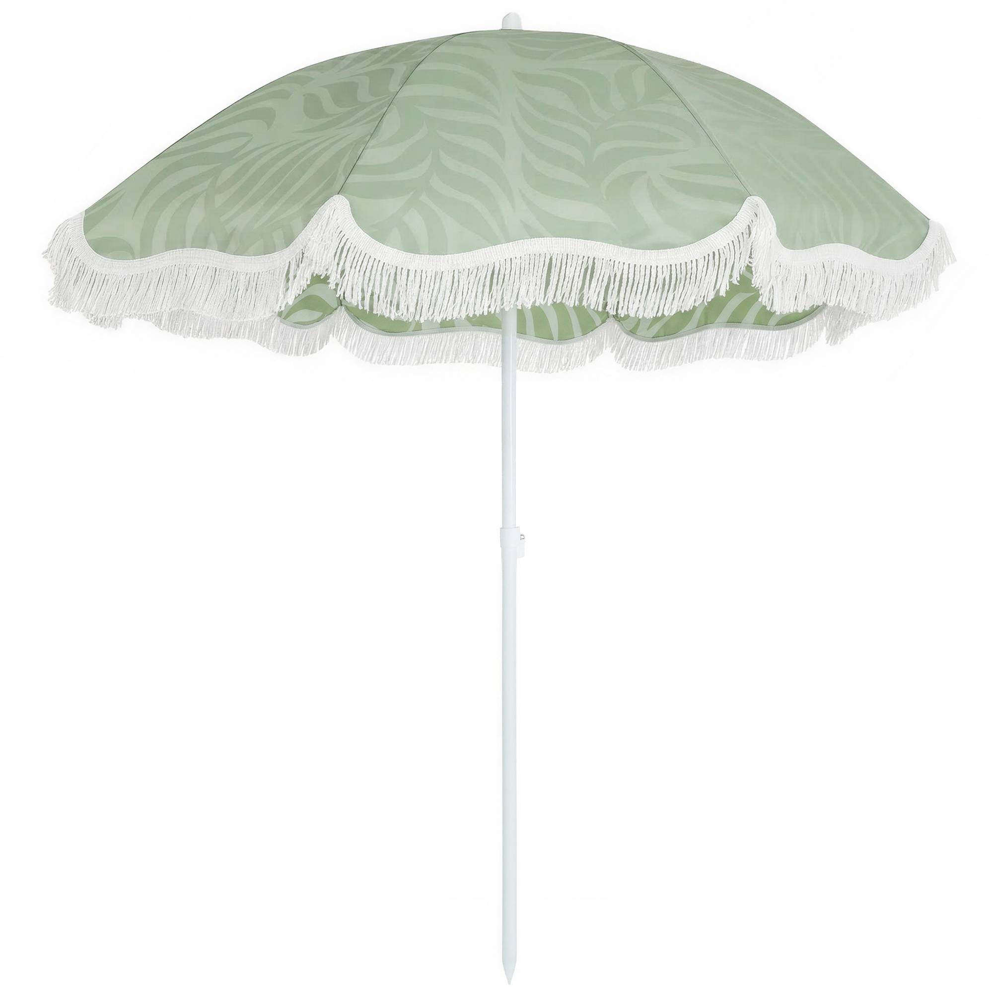 Parasol plage franges Ø180 cm, hauteur ajustable, inclinaison, ancrage sable, sac transport, UPF30+ vert - Image 2