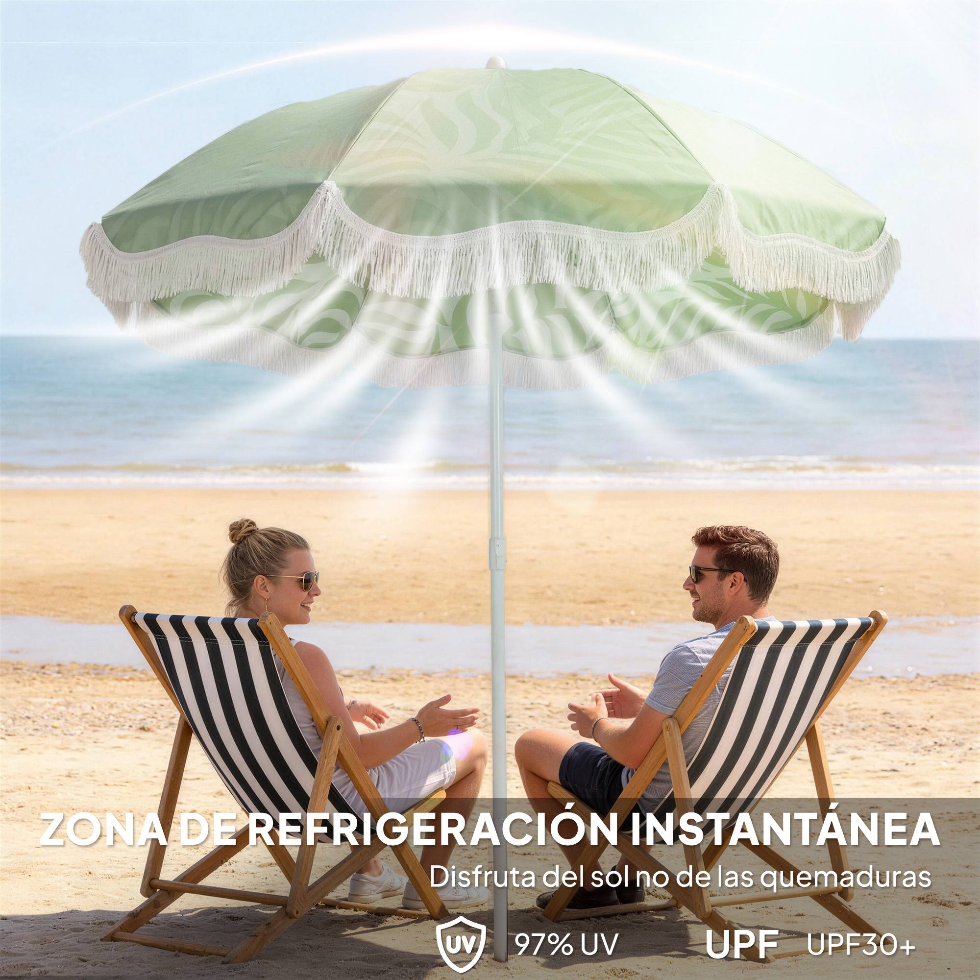 Parasol plage franges Ø180 cm, hauteur ajustable, inclinaison, ancrage sable, sac transport, UPF30+ vert - Image 8