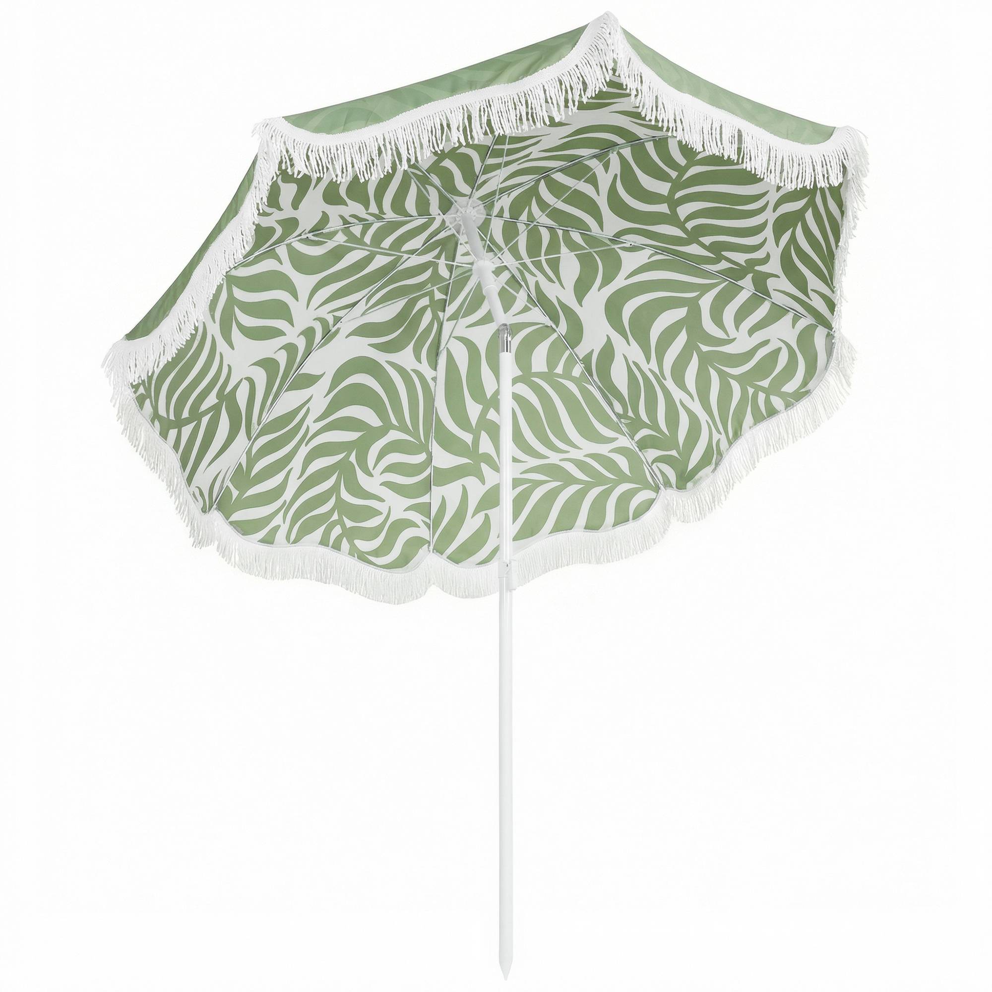 Parasol plage franges Ø180 cm, hauteur ajustable, inclinaison, ancrage sable, sac transport, UPF30+ vert - Image 1
