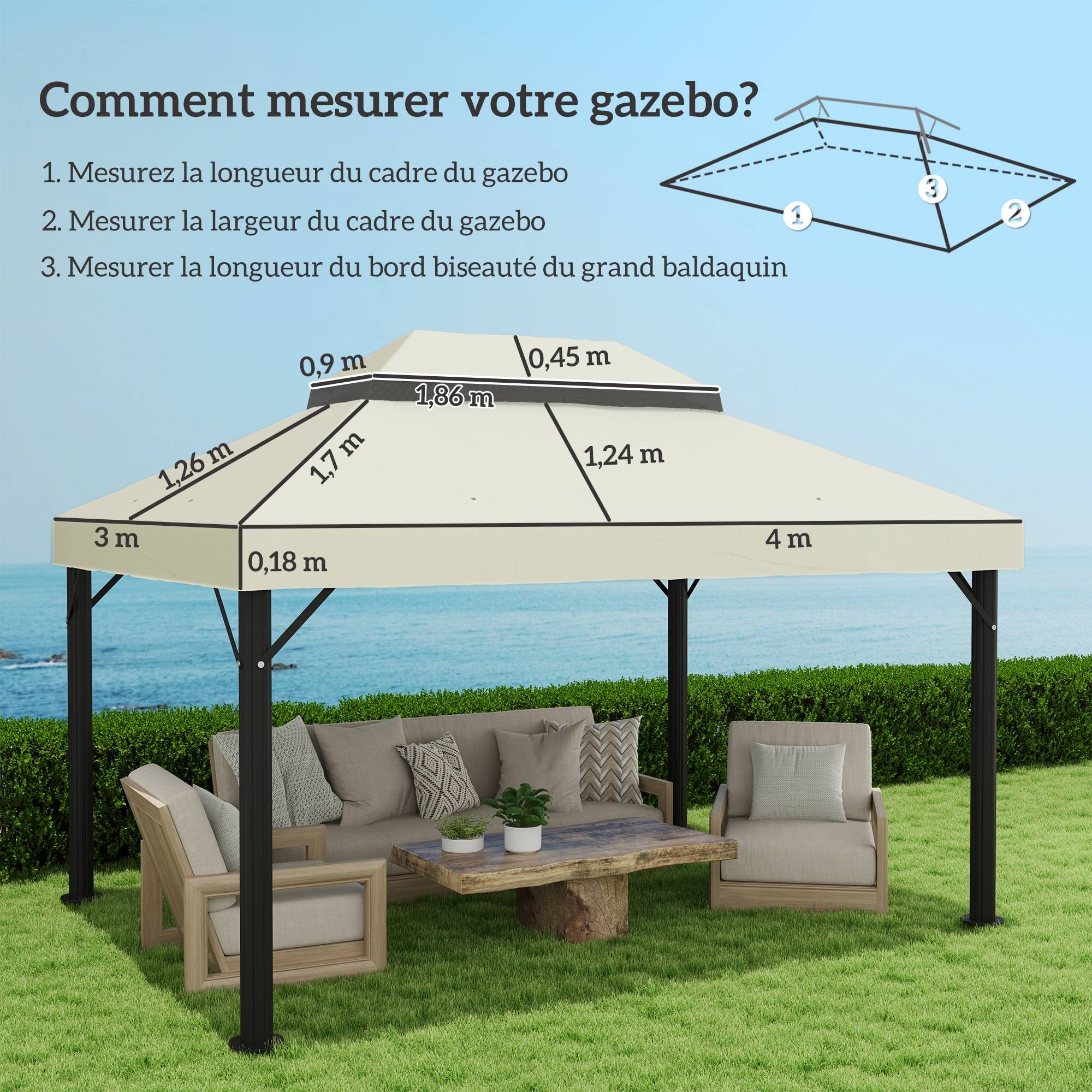 ComfortXL - Toile de rechange tonnelle tissu Oxford toit double ventilation 4x3m crème - ComfortXL Outdoor Living - Image 5