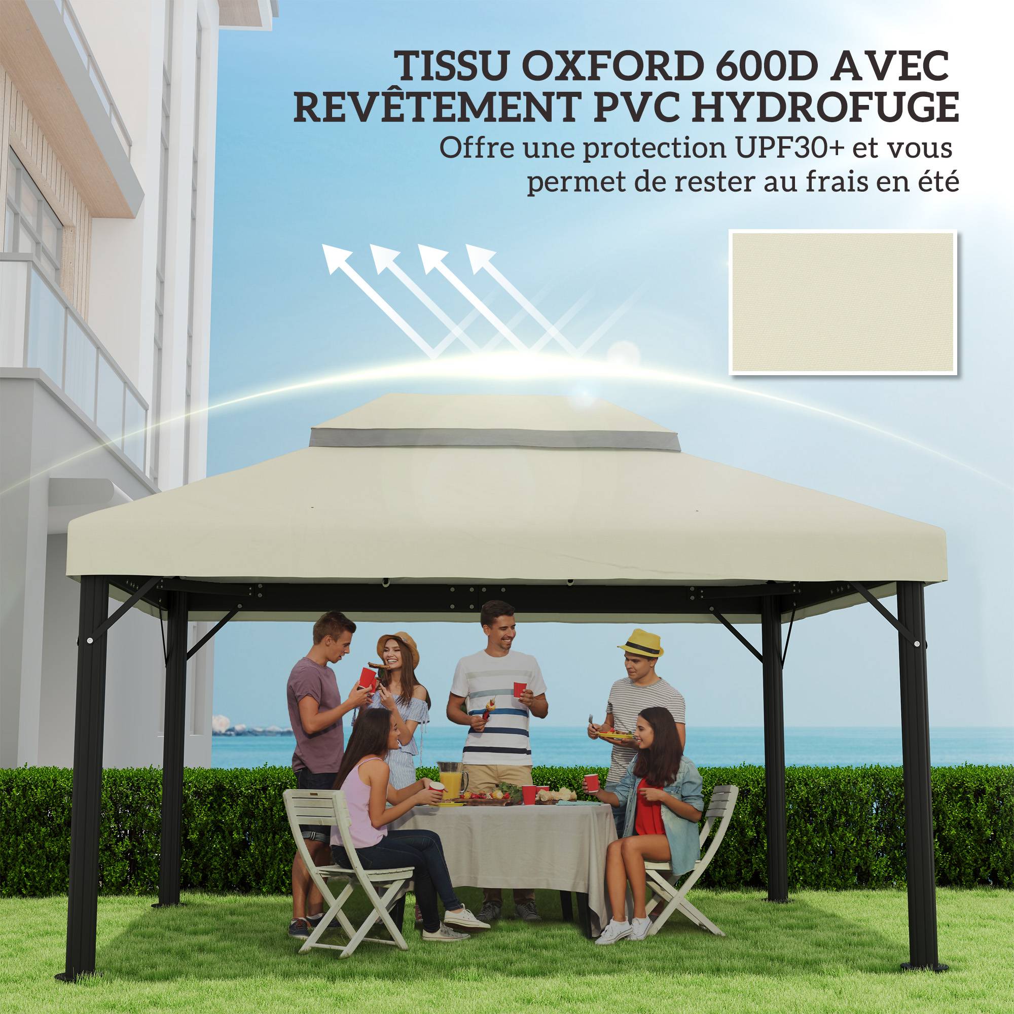 ComfortXL - Toile de rechange tonnelle tissu Oxford toit double ventilation 4x3m crème - ComfortXL Outdoor Living - Image 8