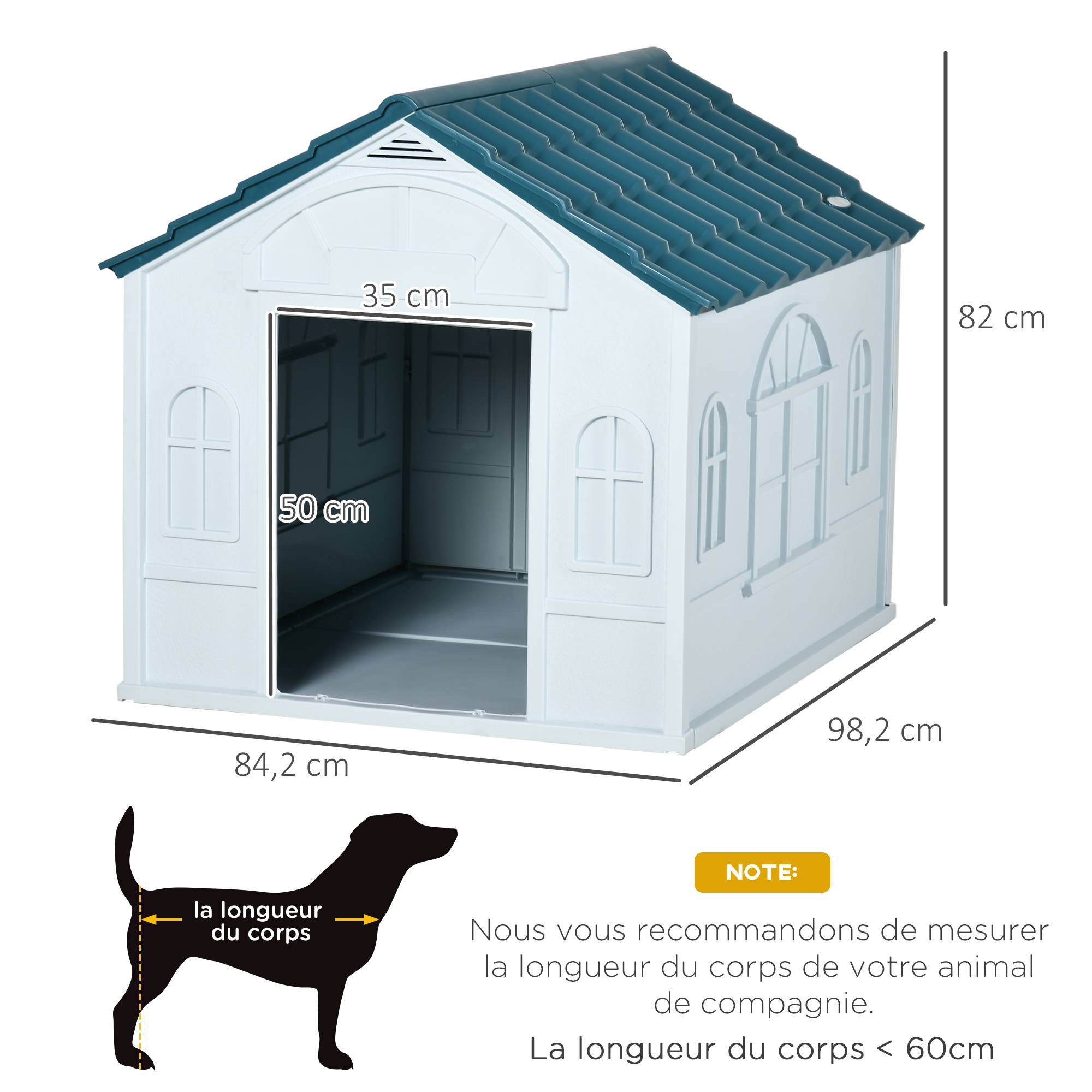 Niche extérieure pour chien toit en pente, porte avant ouverte, chiens moyens/grands, 84,2x98,2x82cm, bleu - Image 5