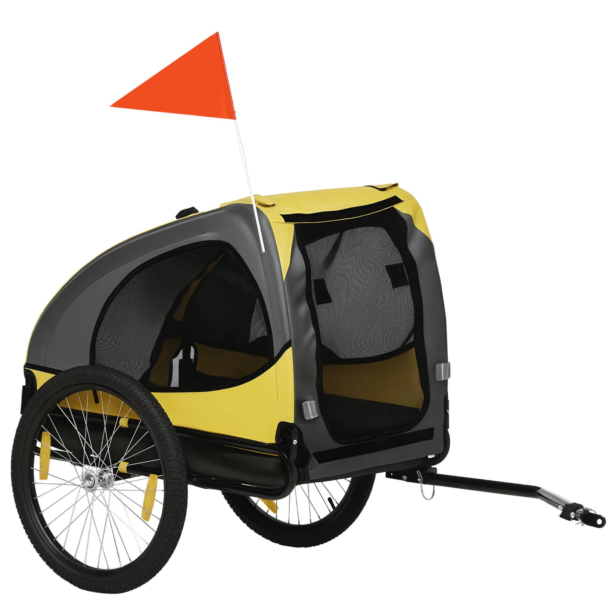 Remorque chien fenêtre filet capote enroulable attelage universel cadre acier jaune 140 x 71 x 83 cm - Image 1