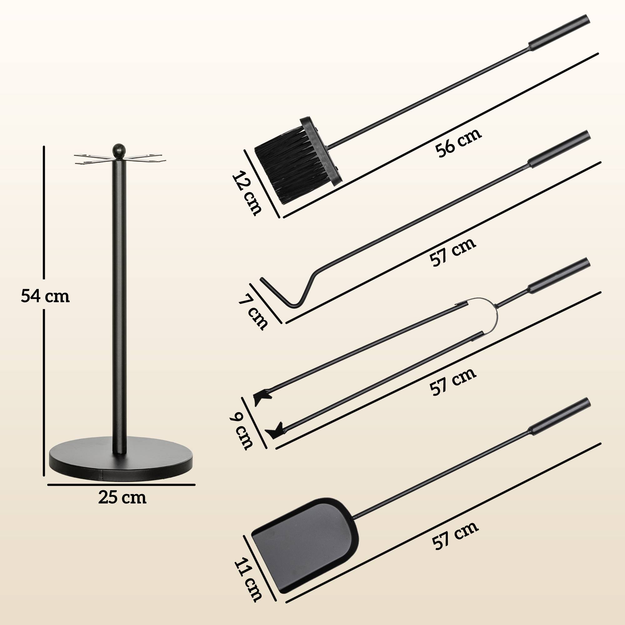 ComfortXL - Serviteur de cheminée 5 pièces en métal noir avec support Ø 25 x 54 cm pour foyer et rangement compact - Image 3