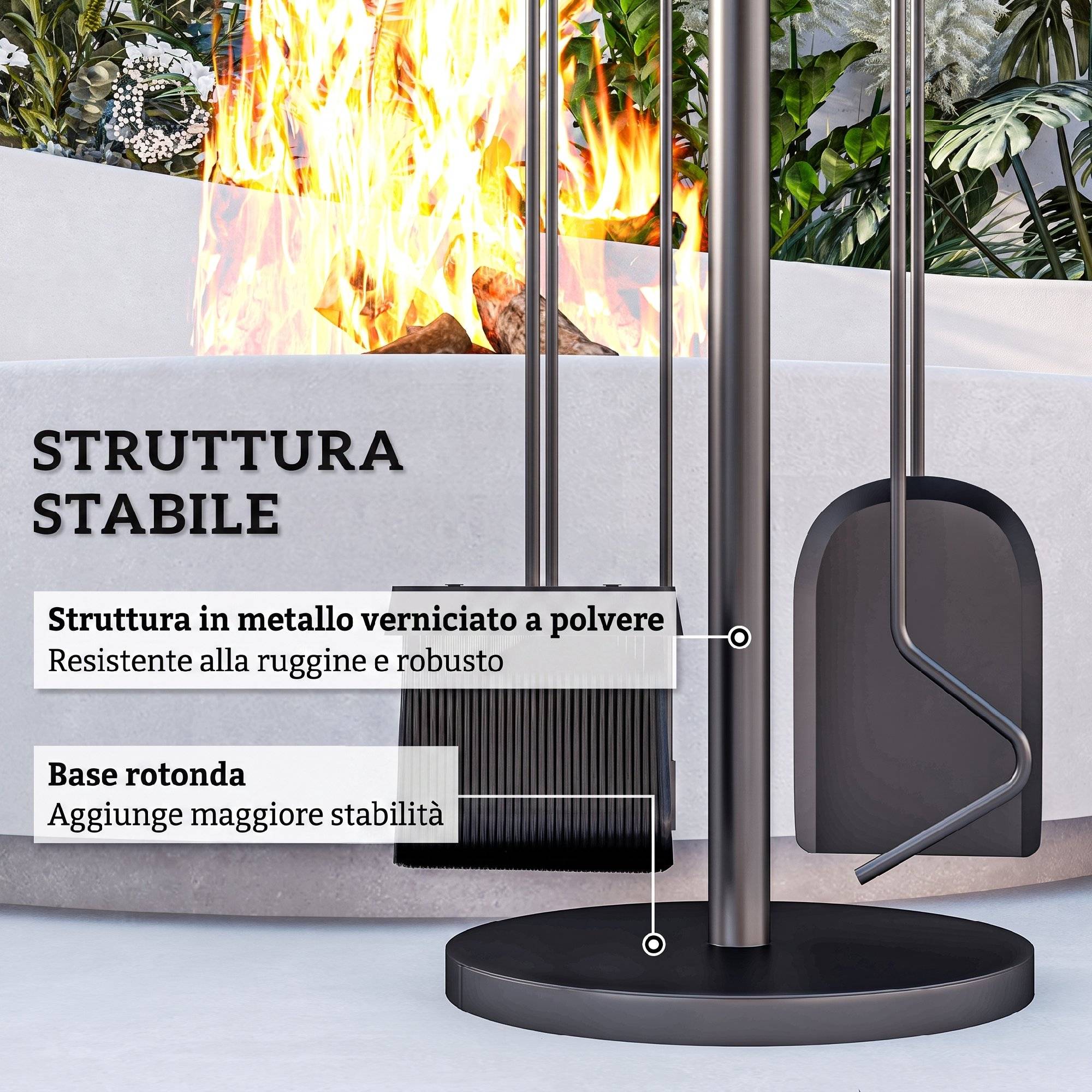 ComfortXL - Serviteur de cheminée 5 pièces en métal noir avec support Ø 25 x 54 cm pour foyer et rangement compact - Image 5