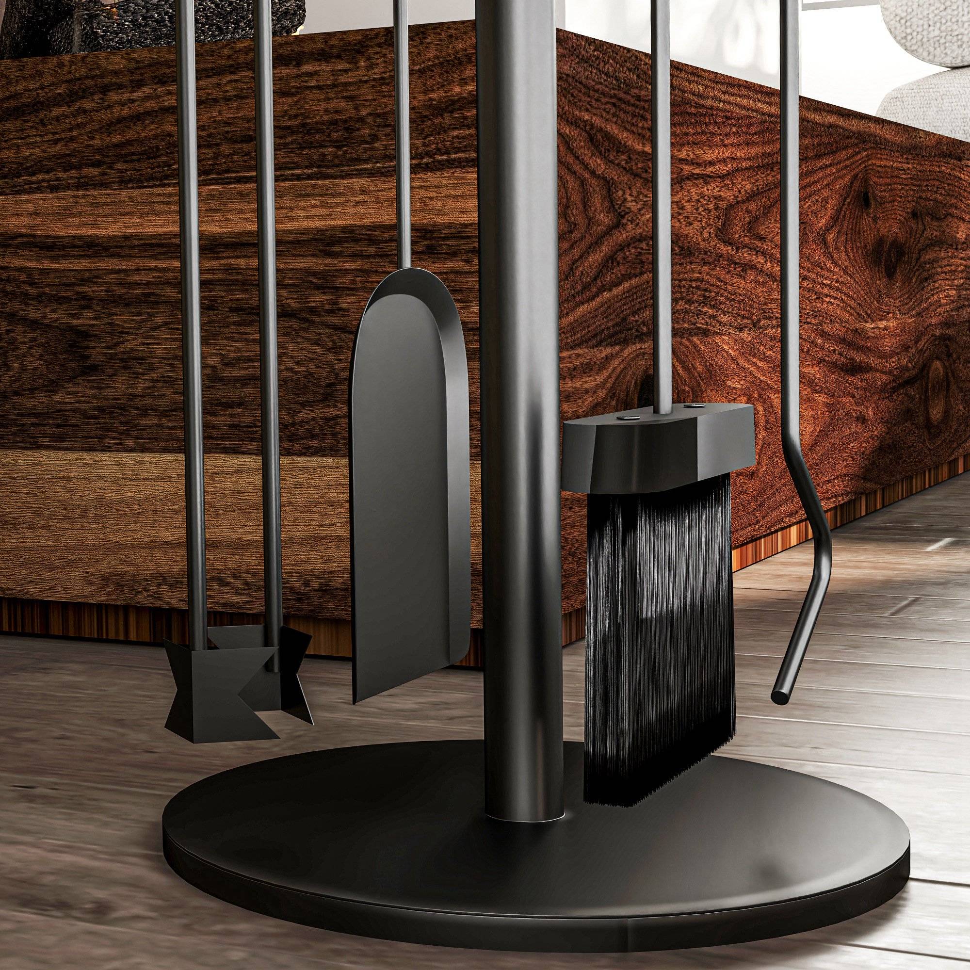 ComfortXL - Serviteur de cheminée 5 pièces en métal noir avec support Ø 25 x 54 cm pour foyer et rangement compact - Image 8