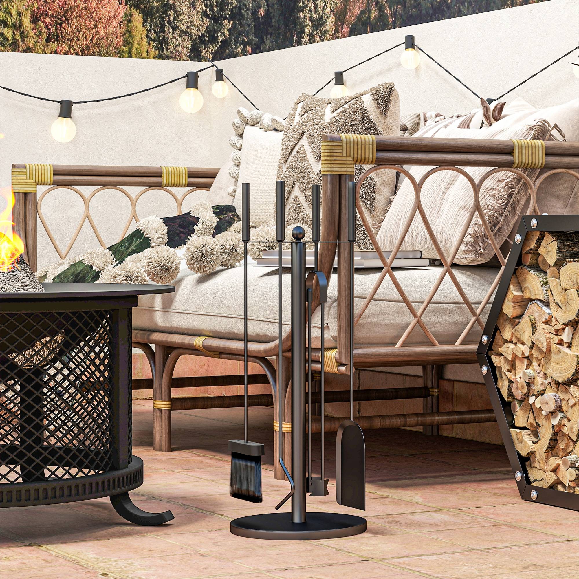 ComfortXL - Serviteur de cheminée 5 pièces en métal noir avec support Ø 25 x 54 cm pour foyer et rangement compact
