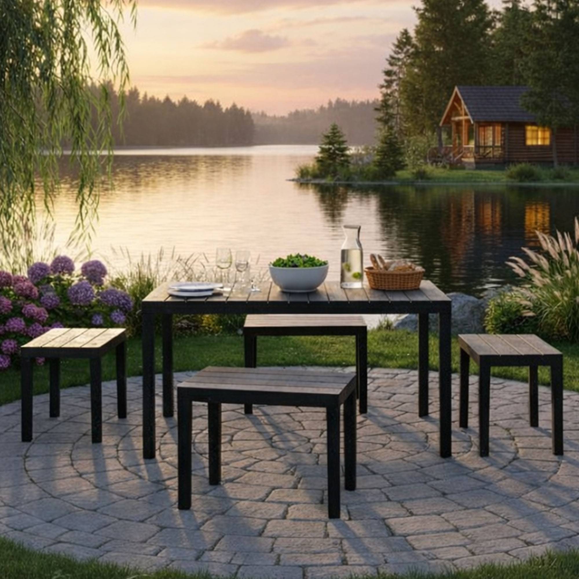 Dmora - Salon d'extérieur Sanremo, Composition de jardin avec 1 table rectangulaire et 4 bancs, Salon intérieur et extérieur de Pic Nic, Anthracite - Dmora - Imagen 2