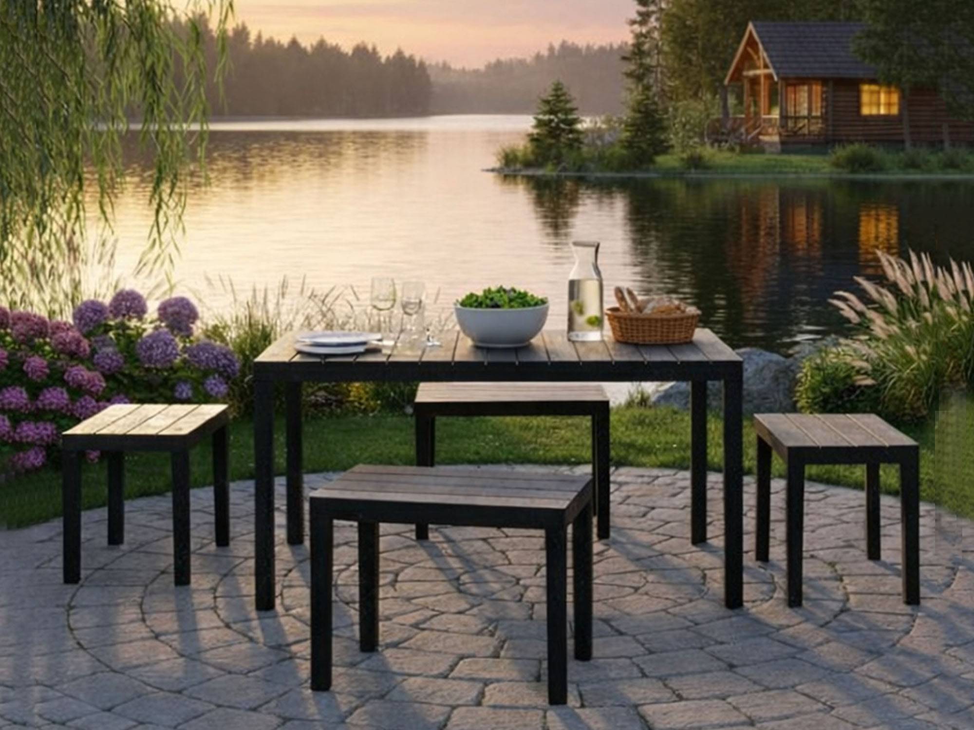Dmora - Salon d'extérieur Sanremo, Composition de jardin avec 1 table rectangulaire et 4 bancs, Salon intérieur et extérieur de Pic Nic, Anthracite - Dmora - Imagen 5