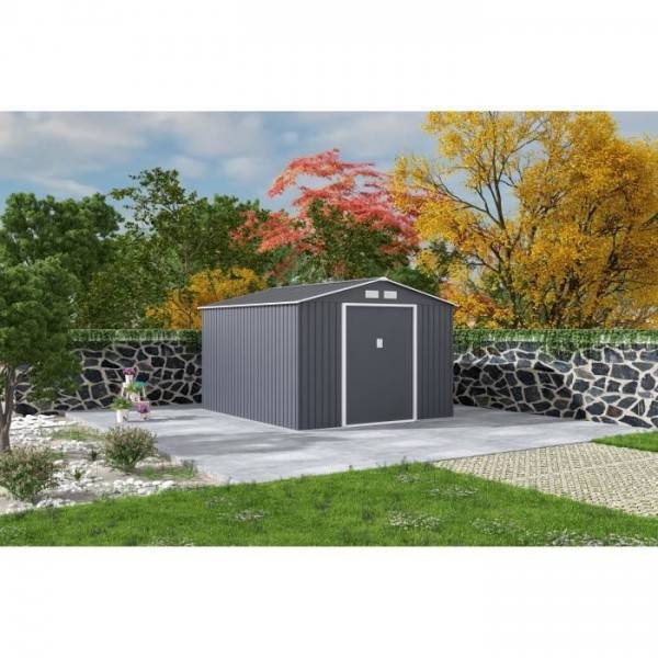 Sans Marque - Abri de jardin en métal 8,84 m² - 277 x 319 x 202 cm - URANUS - Kit d'ancrage inclus, 2 portes coulissantes - Gris - Image 2