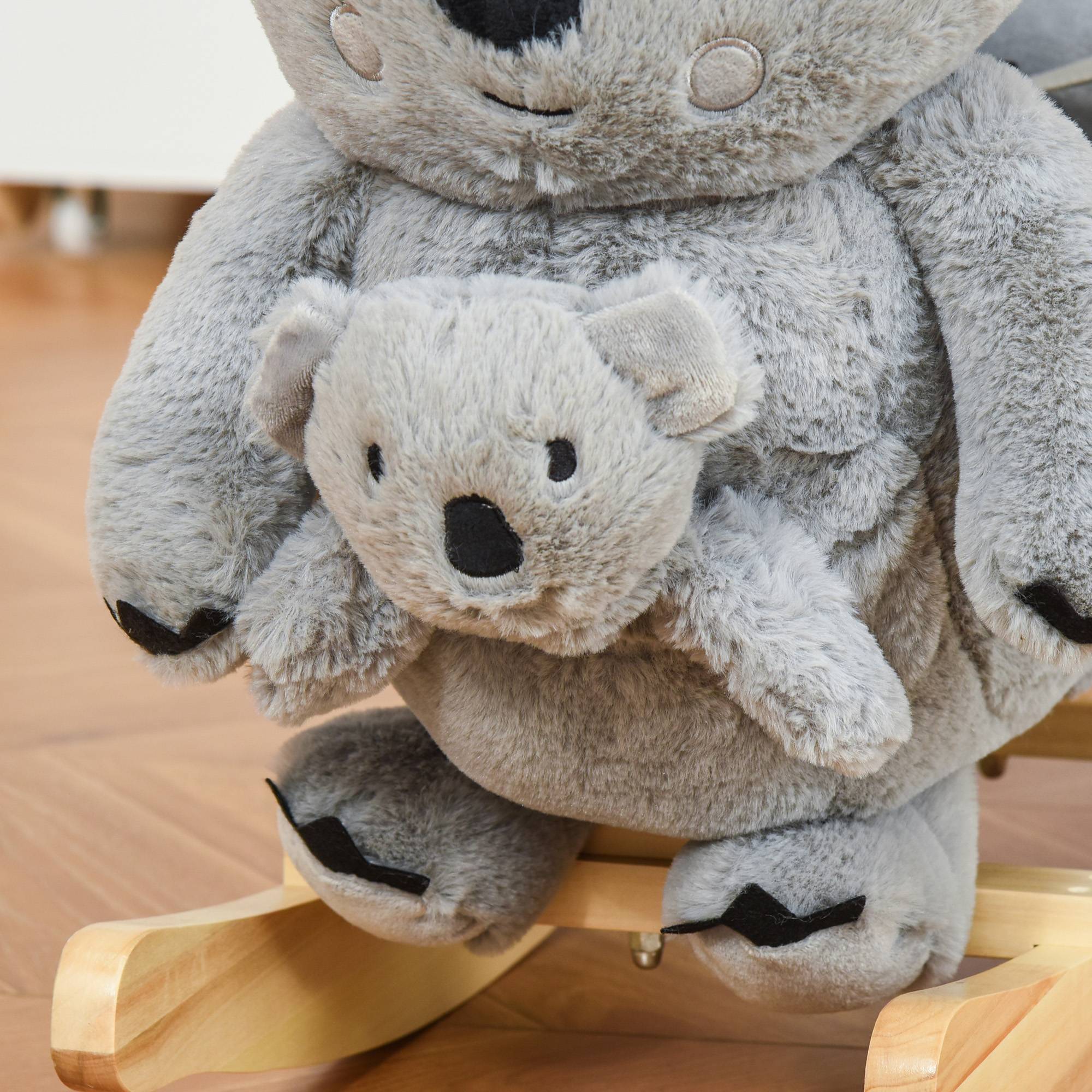 Cheval à bascule koala en peluche rembourrée avec sons, ceinture et base en bois, 60x33x50cm, gris - Image 10