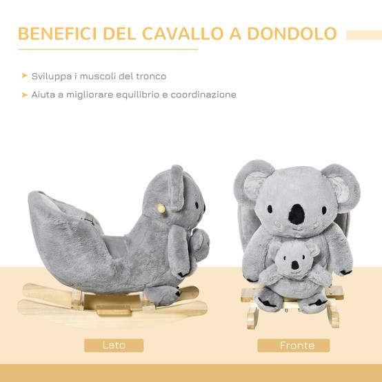 Cheval à bascule koala en peluche rembourrée avec sons, ceinture et base en bois, 60x33x50cm, gris - Image 6