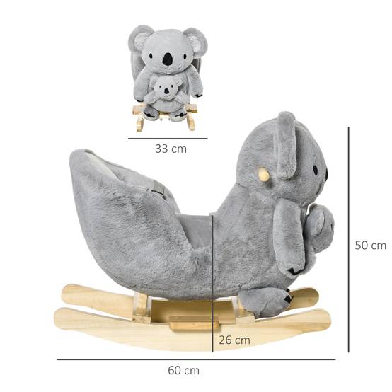 Cheval à bascule koala en peluche rembourrée avec sons, ceinture et base en bois, 60x33x50cm, gris - Image 5