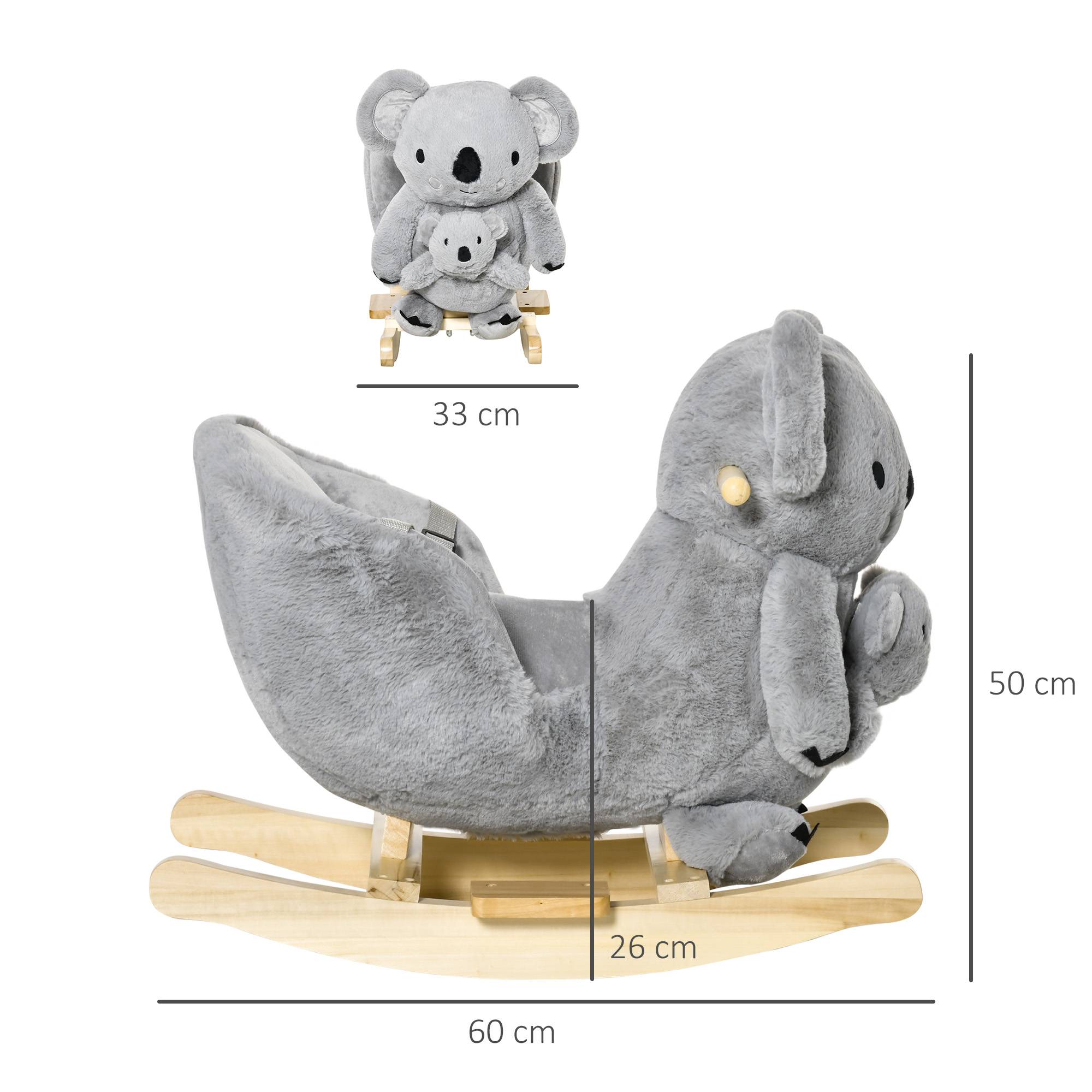 Cheval à bascule koala en peluche rembourrée avec sons, ceinture et base en bois, 60x33x50cm, gris - Image 5