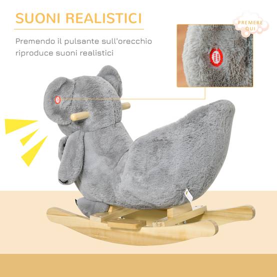 Cheval à bascule koala en peluche rembourrée avec sons, ceinture et base en bois, 60x33x50cm, gris - Image 7