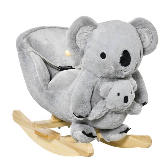 Cheval à bascule koala en peluche rembourrée avec sons, ceinture et base en bois, 60x33x50cm, gris - Image 1