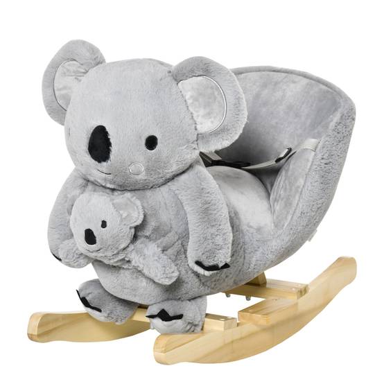 Cheval à bascule koala en peluche rembourrée avec sons, ceinture et base en bois, 60x33x50cm, gris - Image 2