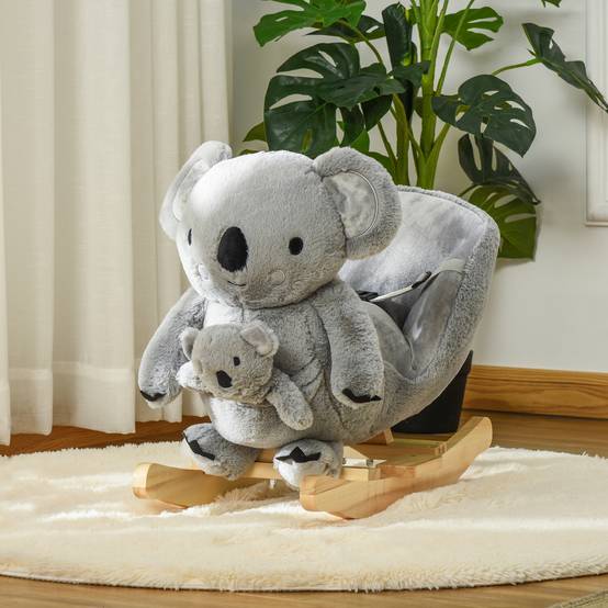 Cheval à bascule koala en peluche rembourrée avec sons, ceinture et base en bois, 60x33x50cm, gris - Image 3