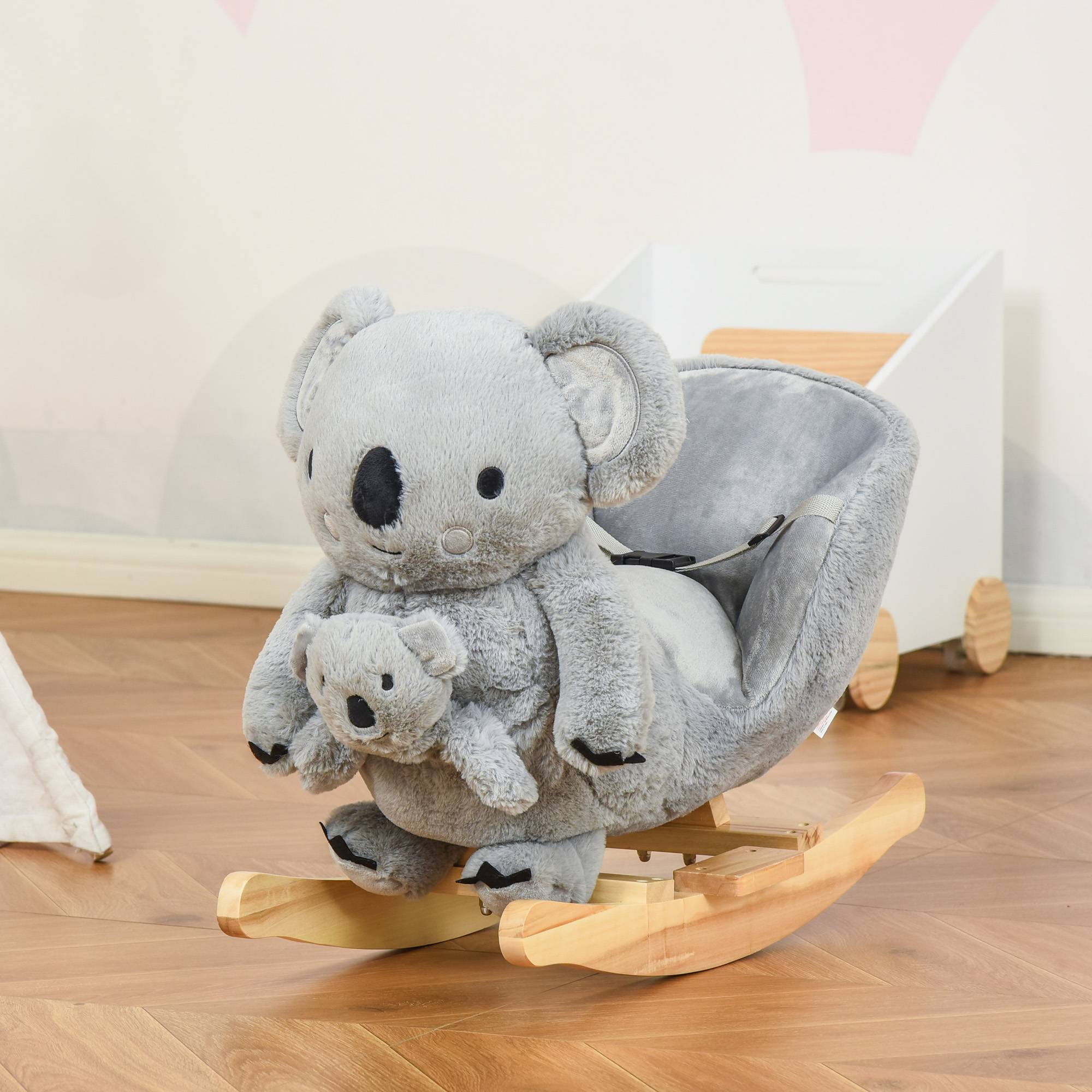 Cheval à bascule koala en peluche rembourrée avec sons, ceinture et base en bois, 60x33x50cm, gris - Image 4