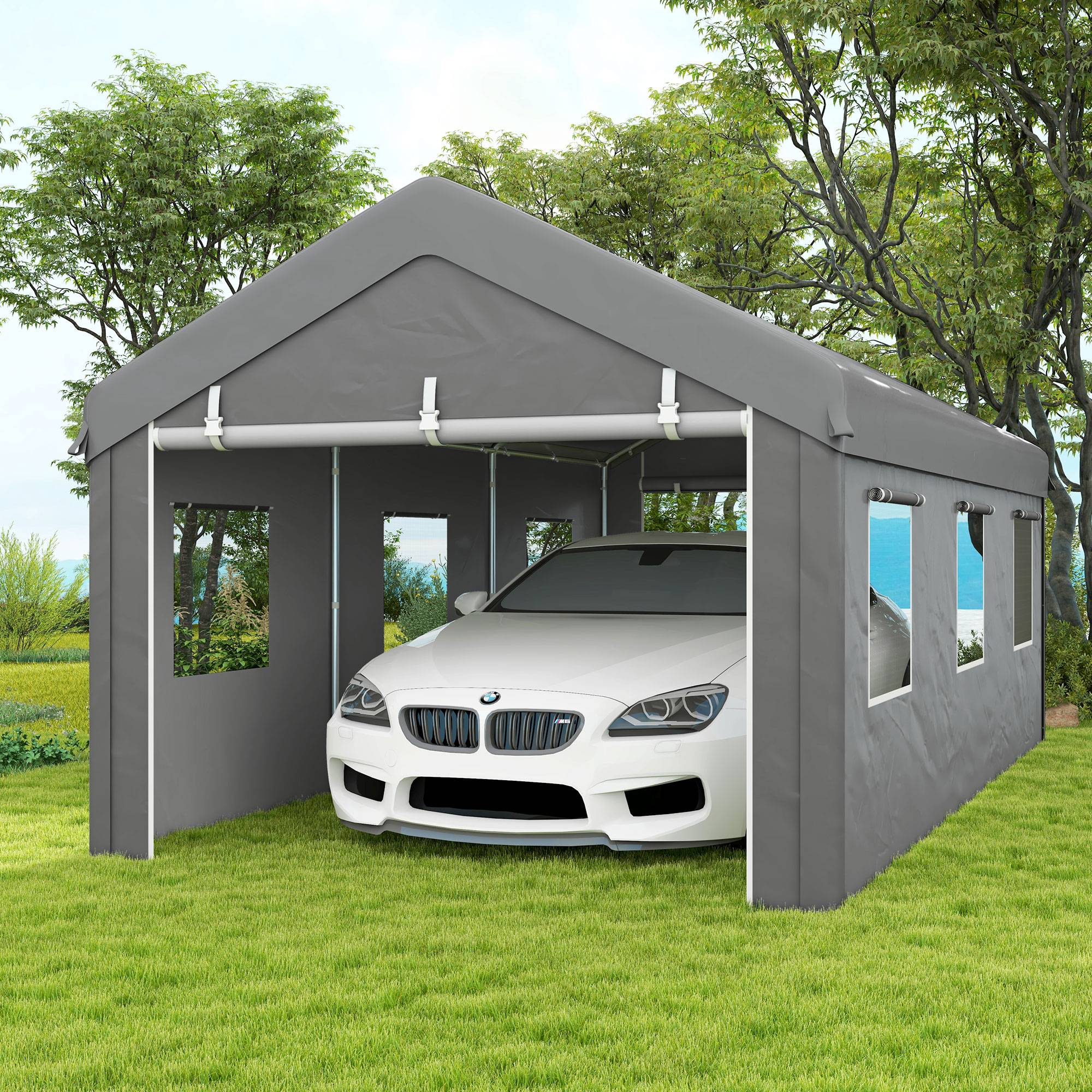 Tente garage carport PE acier galvanisé protection portes fenêtres 600x295cm Gris clair - ComfortXL Outdoor Living - Image 3
