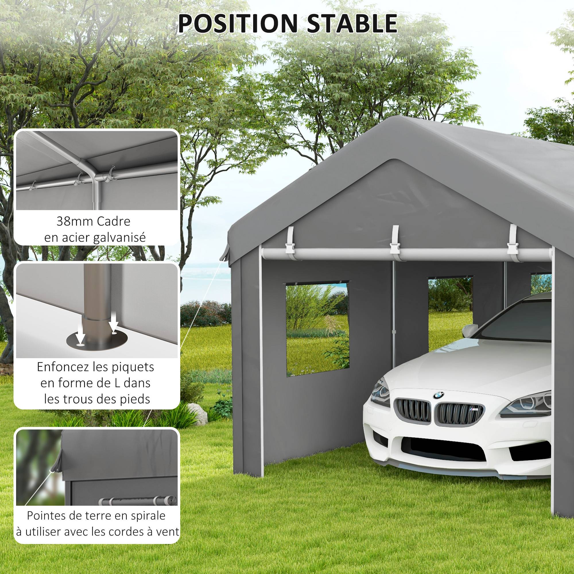 Tente garage carport PE acier galvanisé protection portes fenêtres 600x295cm Gris clair - ComfortXL Outdoor Living - Image 9