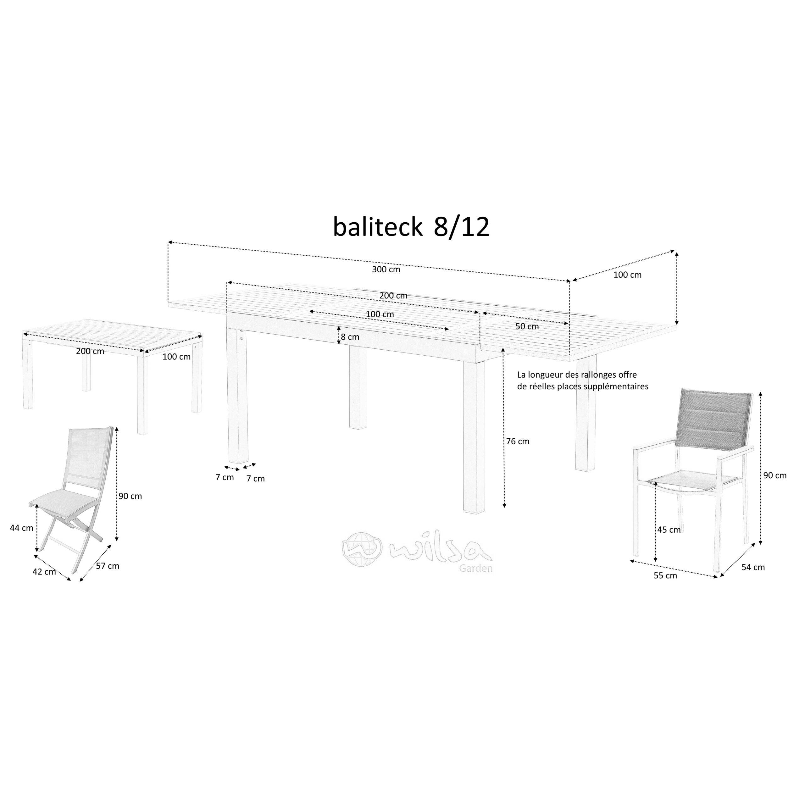 Wilsa Garden - Ensemble BALITECK 8/12p en aluminium blanc, plateau en Teck avec 8 fauteuils - Imagen 6