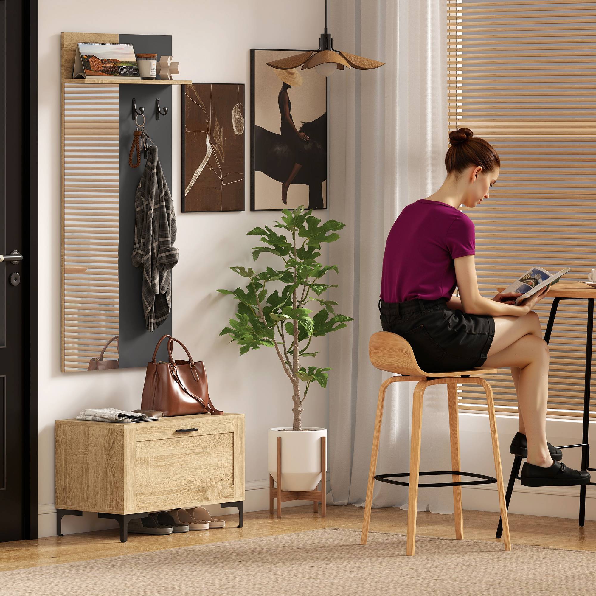 Ensemble d’entrée avec banc à chaussures, miroir, 3 crochets et étagère ouverte, meuble de couloir bois naturel et gris - Image 10