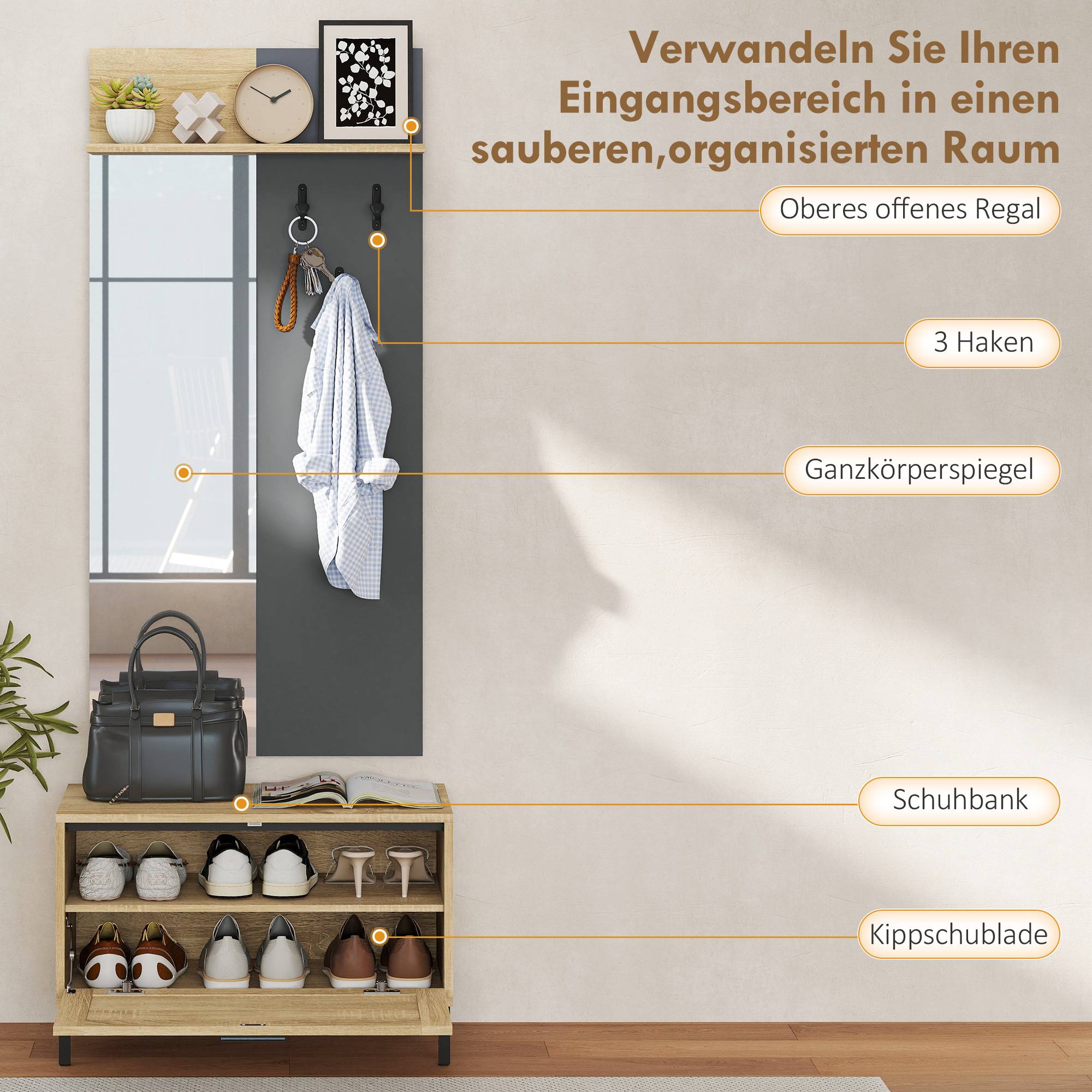 Ensemble d’entrée avec banc à chaussures, miroir, 3 crochets et étagère ouverte, meuble de couloir bois naturel et gris - Image 6